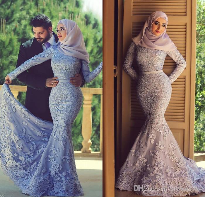 2015 muslim lace mermaid prom dresses applique beads long sleeves high  neckline ttpafqw