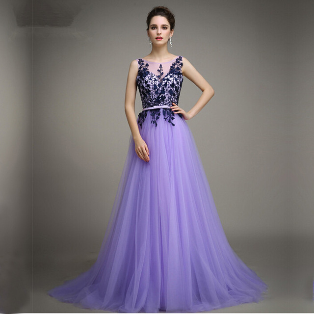 a line bateau sleeveless appliques tulle lavender evening party gowns  vestidos de qkmgira