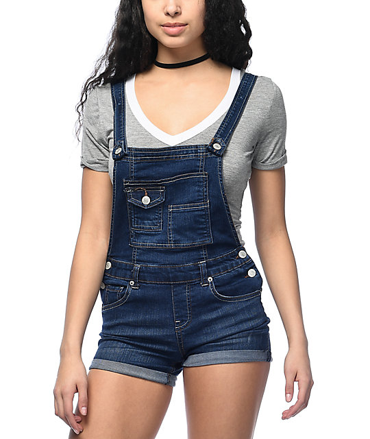 almost famous dark wash rolled cuff overall shorts ... jitlxdn