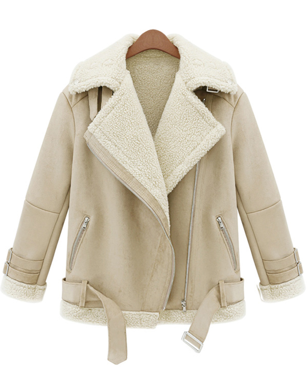 beige lapel long sleeve zipper wool coat -shein(sheinside) arbkvqg