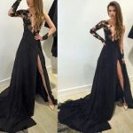 black prom dress a-line long sleeves black chiffon prom dress with appliques split ngbnrml
