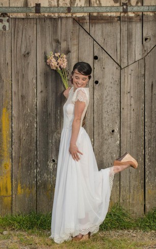 country wedding dresses a-line short sleeve lace and chiffon dress with illusion back ... vuqiskc