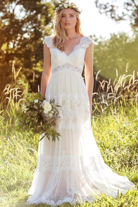country wedding dresses v-neck long cap-sleeve appliqued laceu0026tulle wedding dress ... dioxfjr