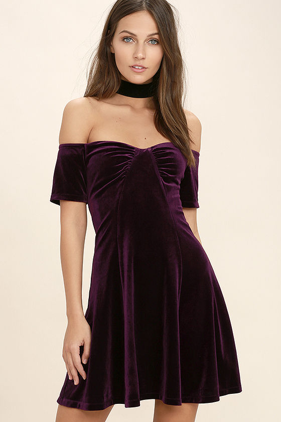 cute plum purple dress - velvet dress - off-the-shoulder dress - $46.00 ctoxujr