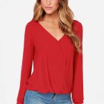 cute red blouse - long sleeve top - chiffon top - $33.00 noronqs