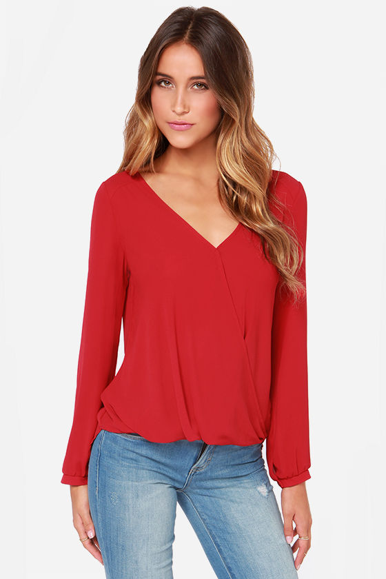 cute red blouse - long sleeve top - chiffon top - $33.00 noronqs