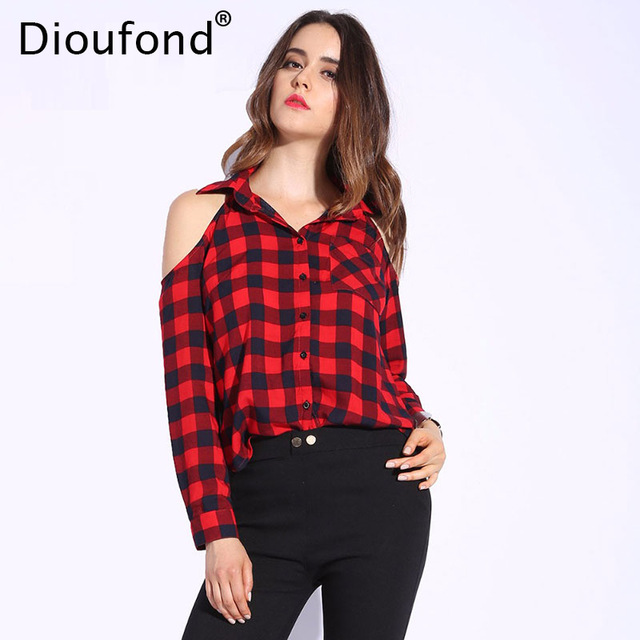 dioufond spring red plaid off shoulder tops shirts for women long sleeve noozbpl