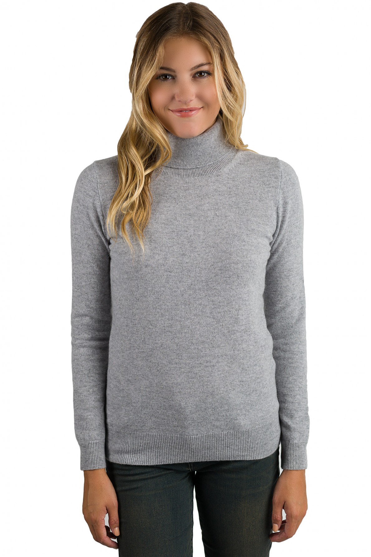 grey cashmere long sleeve turtleneck sweater front view ooqjhin