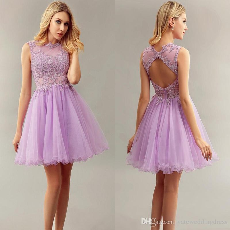 light purple short bridesmaid dresses jewel with lace applique homecoming  dresses sheer hrgwgga