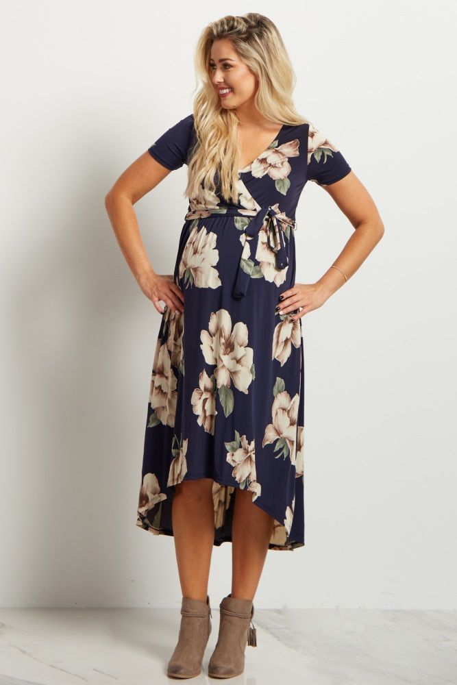 maternity wear navy floral hi-low midi maternity/nursing wrap dress xpzovcr