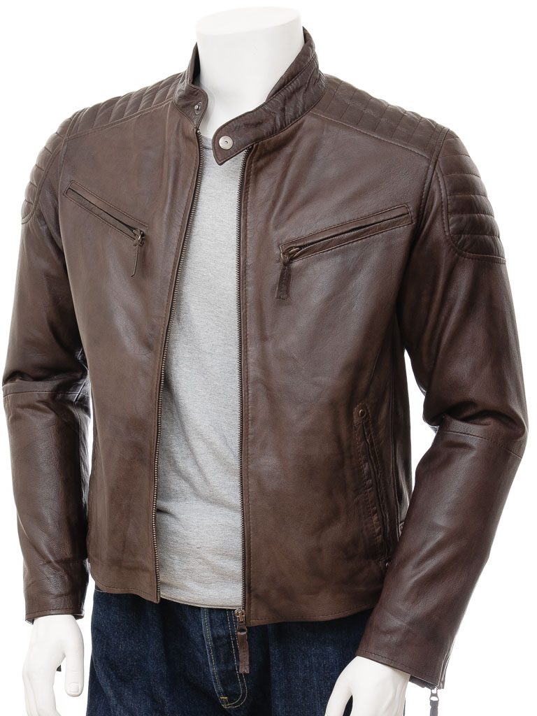 mens brown biker leather jacket: maikop front jbdaogj
