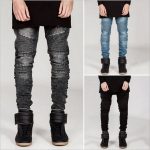 mens skinny jeans men 2016 runway distressed elastic jeans denim washed  black edfajlb