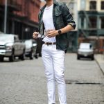 mens white jeans mens street style green jacket white t-shirt white jeans brown brogues lxvderg
