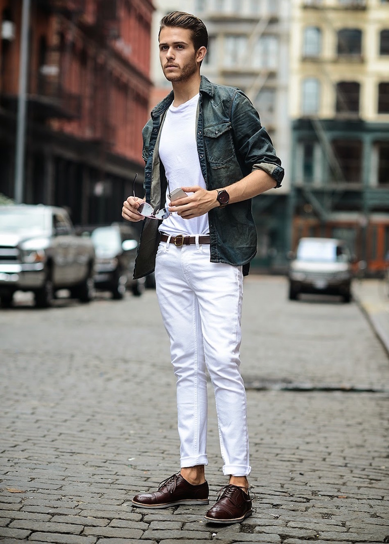 mens white jeans mens street style green jacket white t-shirt white jeans brown brogues lxvderg