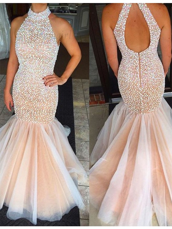 mermaid prom dresses luxurious high neck open back long pink mermaid prom dress with pearls qkguvsz