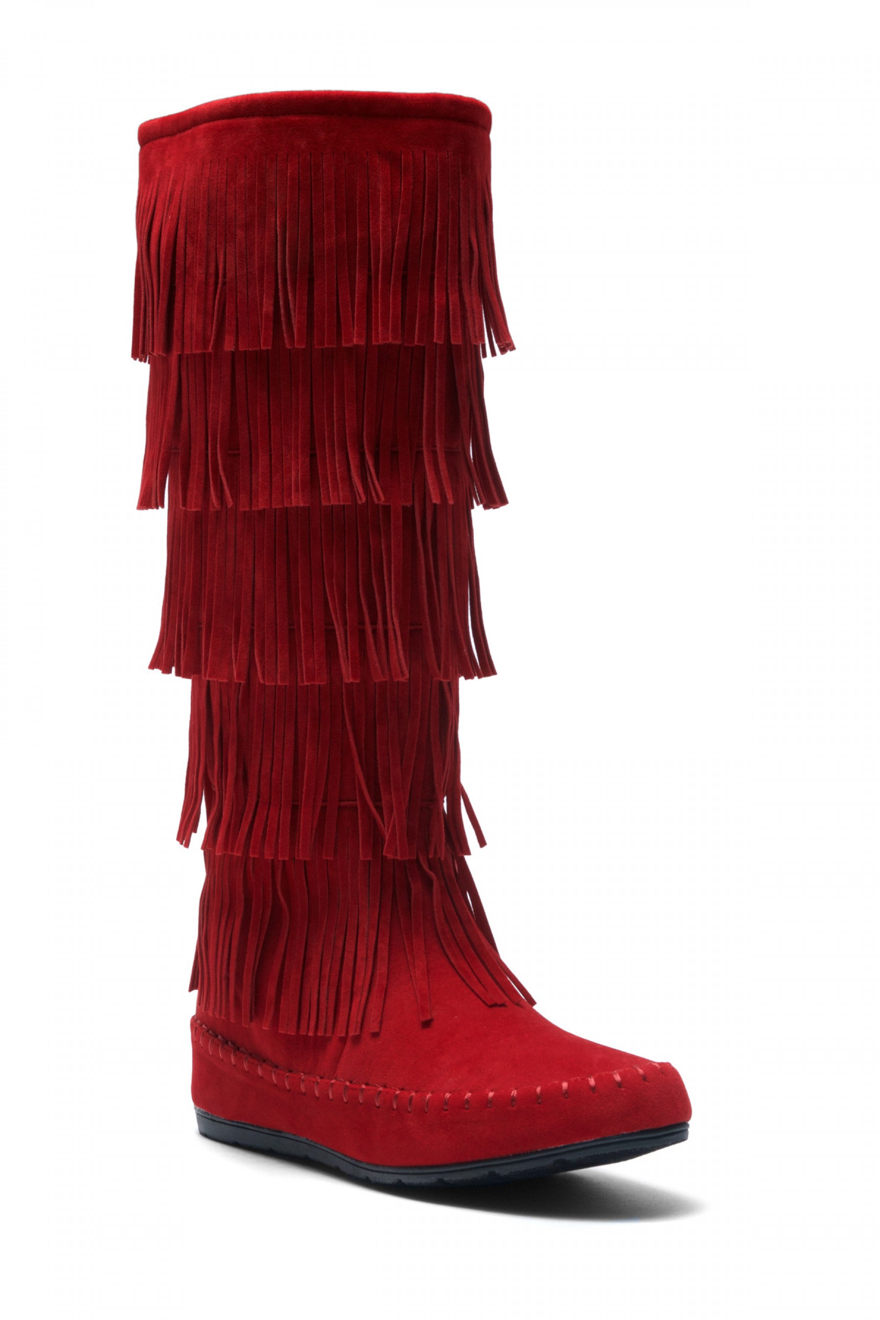 moccasin boots womenu0027s burgundy maddyyee faux suede knee high fringed five-layer moccasin  boots sdudgrc
