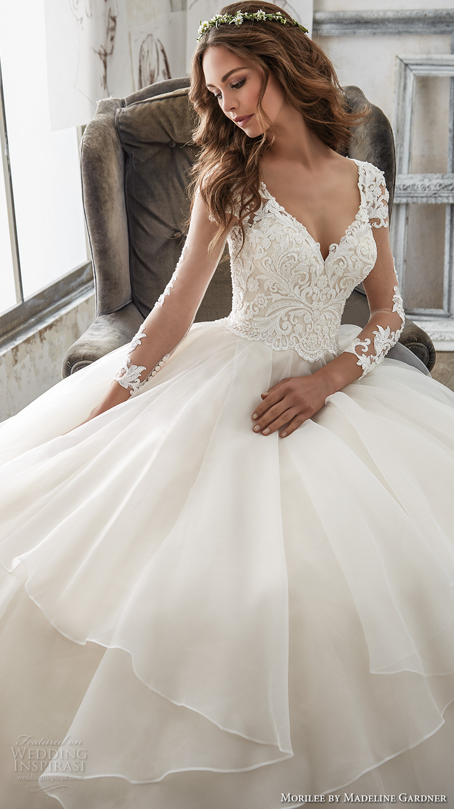 mori lee wedding dresses morilee spring 2017 bridal three quarter sleeves sweetheart neckline  heavily embellished bodice bngvxfs