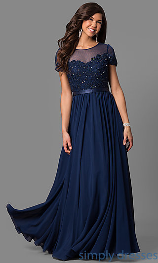 navy blue dress short-sleeve long prom dress with sequined lace . sjuymvo