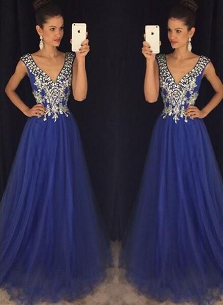 new arrival royal blue prom dresses,v neck a line prom dress,rhinestones  long hwkwbdn