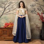 off white - navy blue party wear gown prqohoh