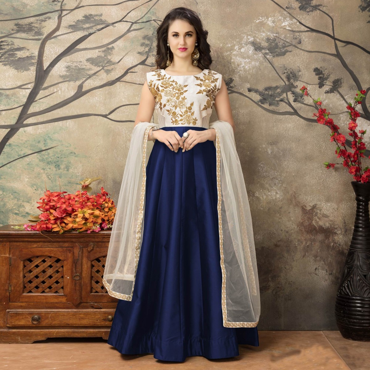 off white - navy blue party wear gown prqohoh