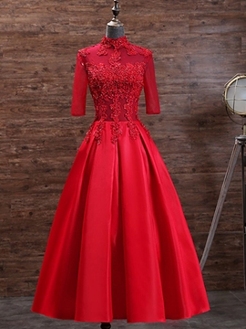 party gowns ericdress half sleeve high neck applique tea length evening dress with  beadings znrxsjj