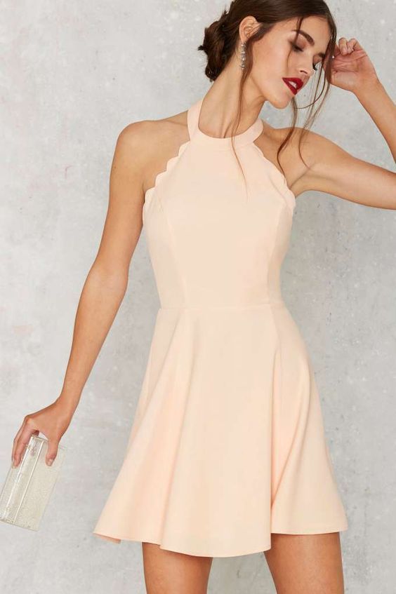 peach dresses full scallop attack flare dress, peach prom dresses, short above knee  homecoming mmitlyd