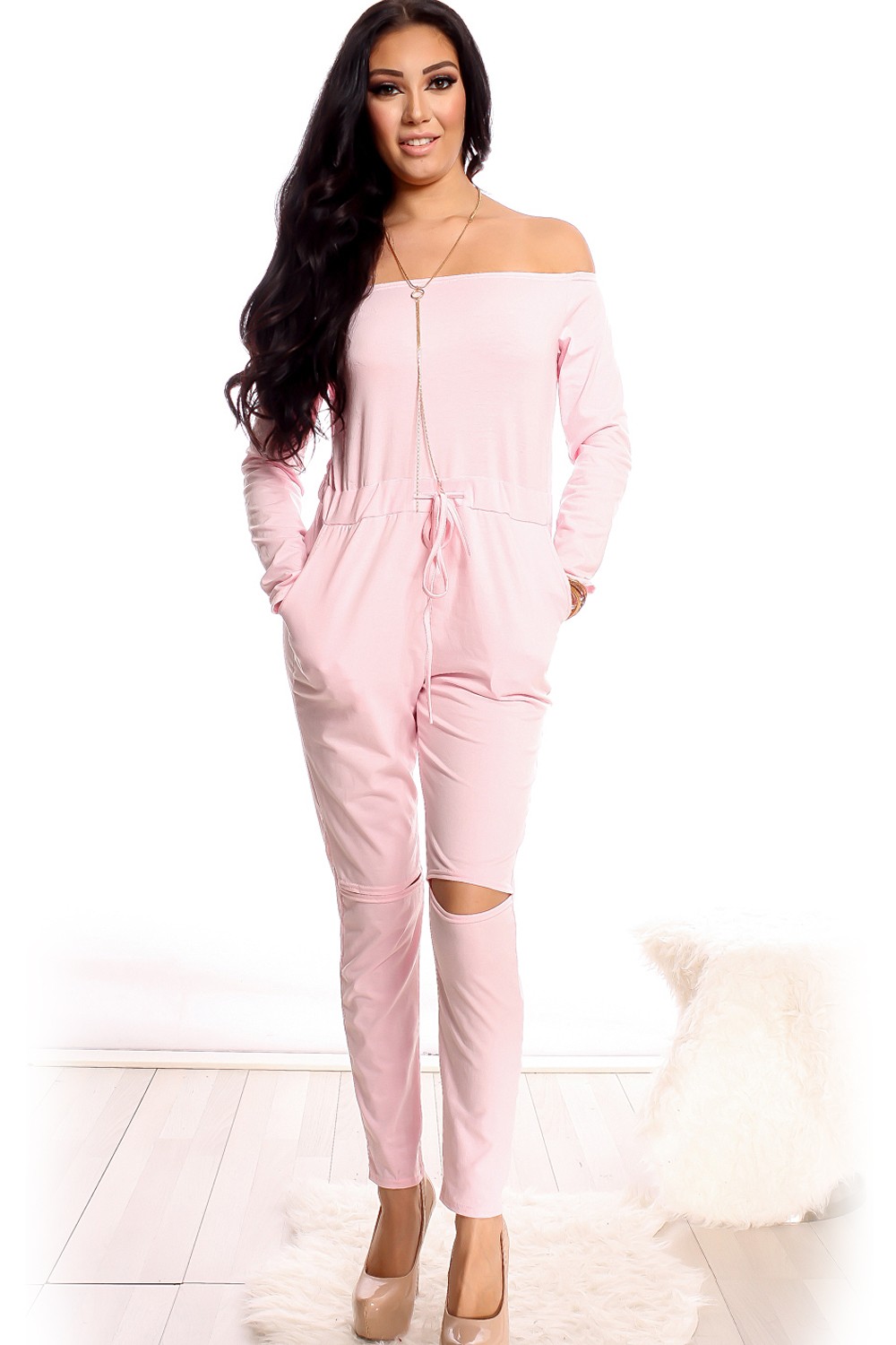 pink jumpsuit off the shoulder long sleeve cutout knees drawstring bnncxxr