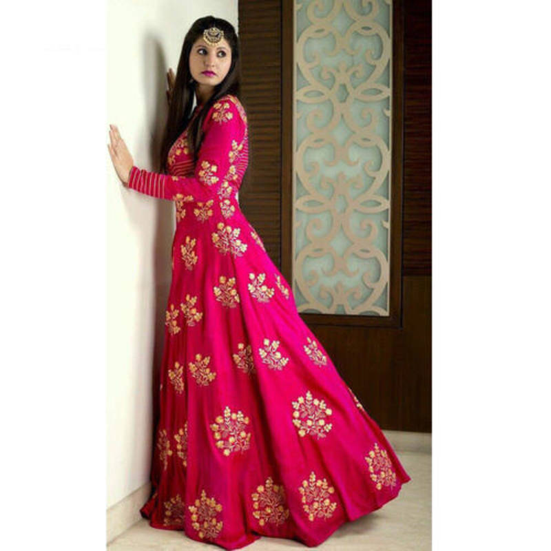 pink tafeta embroidered semi stitiched party wear gowns dkoassz