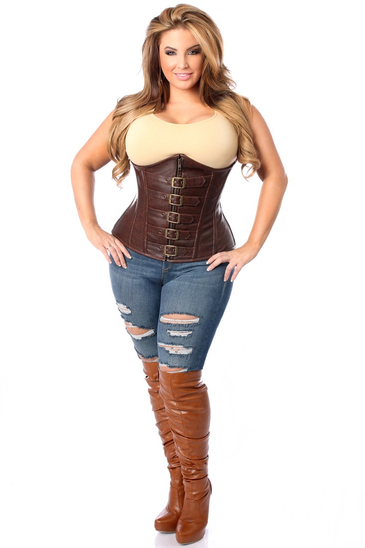 plus size corset top drawer dark brown distressed faux leather underbust buckle plus size  corset yajmczj