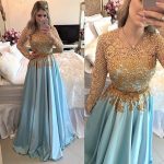 prom dresses with sleeves a-line jewel long sleeves blue satin prom dress with sash beading appliques dqofrky
