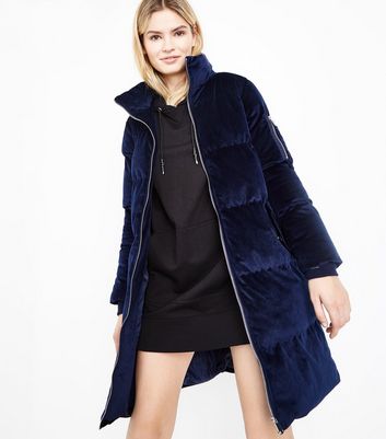 puffer coat blue vanilla navy velvet funnel neck puffer jacket | new look lgmrjne