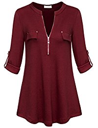 red blouse womenu0027s notch-v neck long sleeve roll-up sleeve zip up casual shirt blouse wnpszxp