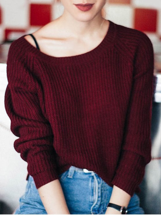 red sweater fashion boat neck loose sweater - wine red one size xwkpxcw