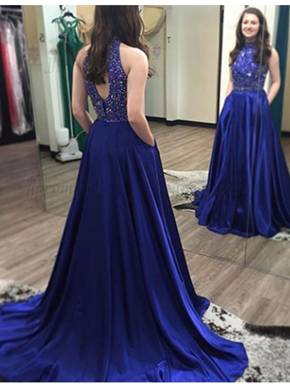 royal blue prom dresses stunning high neck open back long royal blue prom dress with beading pockets xsfjdzi