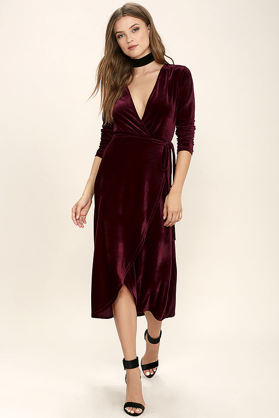 stunning burgundy dress - velvet dress - wrap dress - midi dress - pjiyjyi