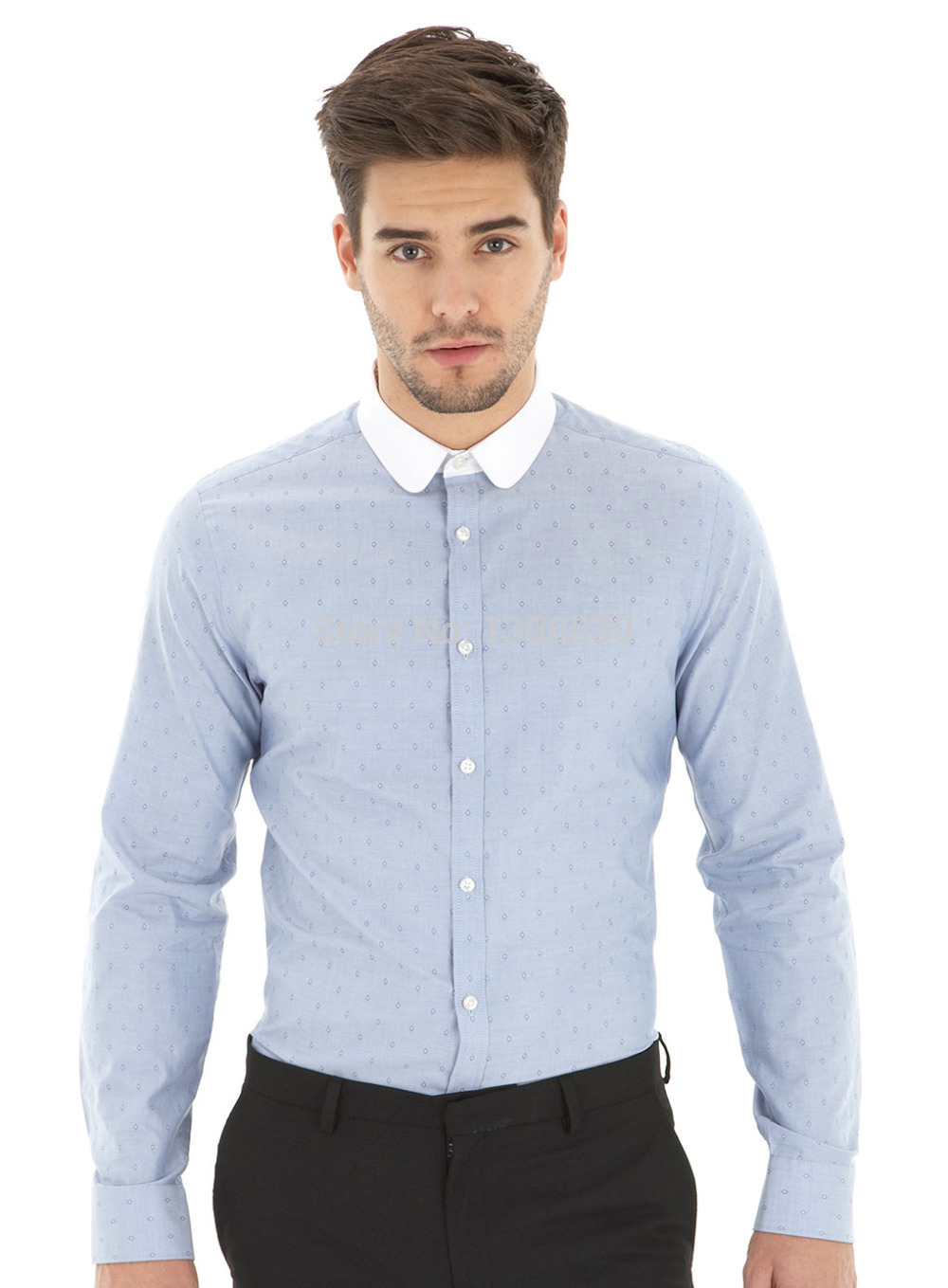 tailored shirts new design 100% cotton blue dot with white contrast round collar tailored wdoleqi