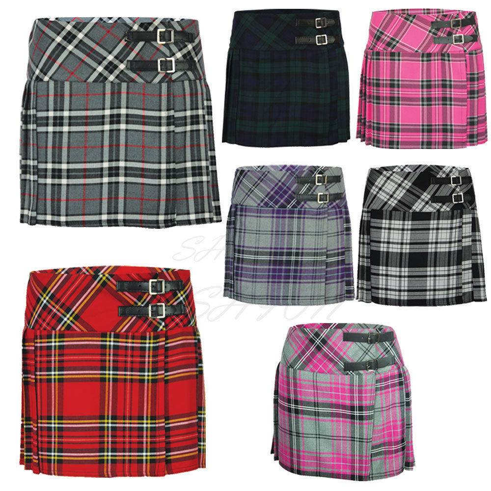 tartan skirt ladies womens tartan pleated billie kilt skirt leather buckled straps uk  6-16 odveeid