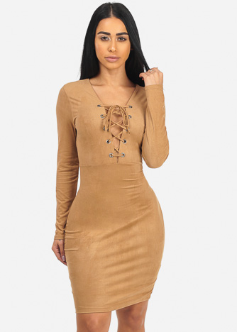 trendy dresses beige long sleeve lace up v-neck faux suede trendy above knee dress hfactkh