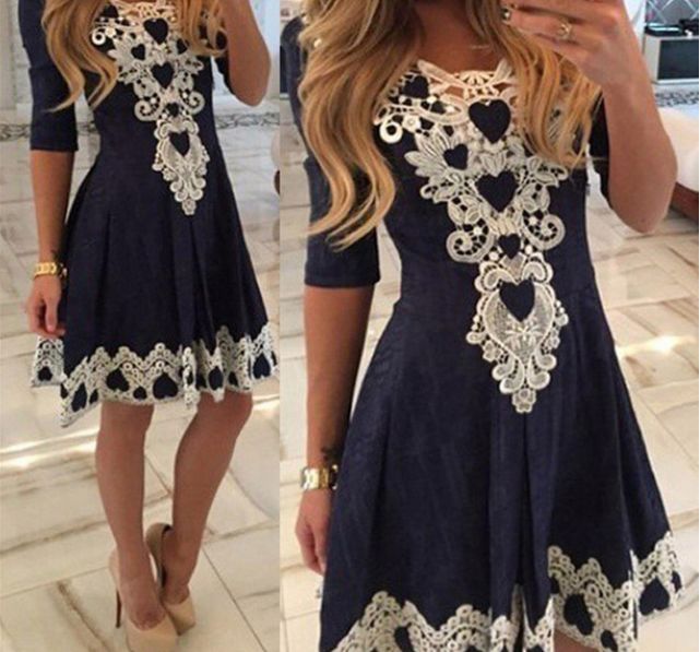 trendy dresses cute trendy tribal lace embroidered three fourth sleeve pleated mini skater  dress qmubgmi