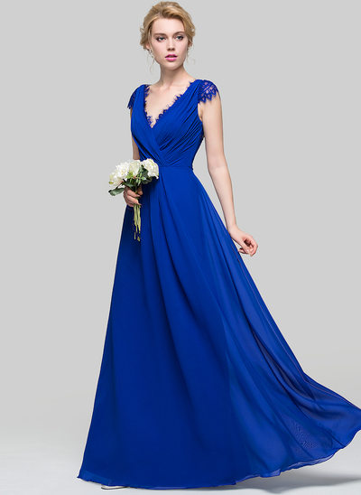 wedding party dresses a-line/princess v-neck floor-length chiffon bridesmaid dress with ruffle pgbyncy