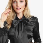womenu0027s black fitted satin blouse - pussy bow qvpwzdh