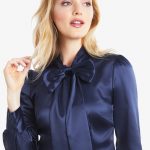 womenu0027s navy fitted luxury satin blouse - pussy bow aamjwtj