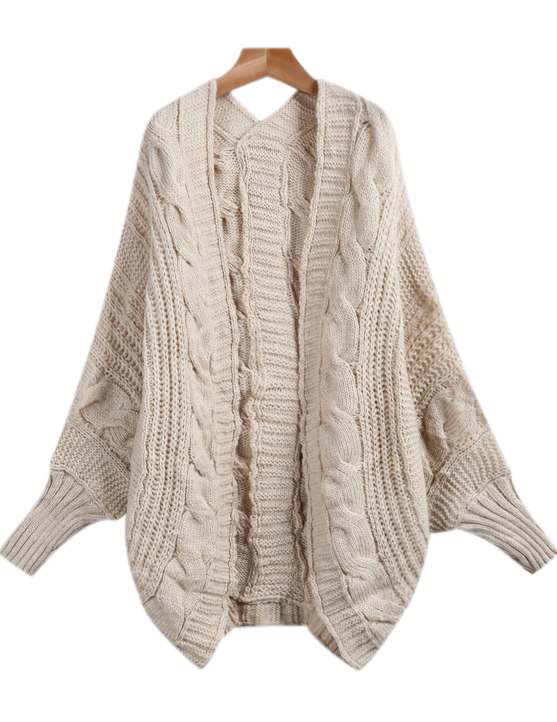 apricot long sleeve loose cable knit cardigan -shein(sheinside) snhrmkc