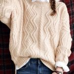 apricot round neck long sleeve cable knitted sweater oywrxuv