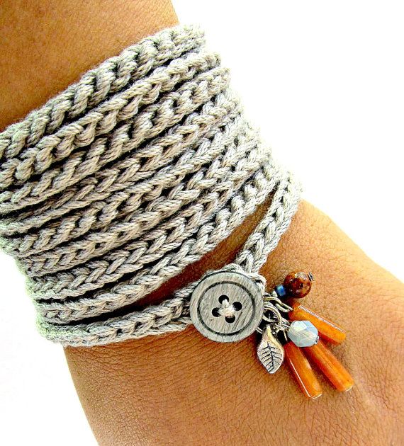 crochet bracelet with charms, wrap bracelet, silver grey, cuff bracelet,  bohemian jewelry, rwgwlnl