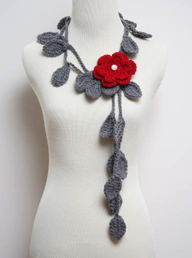 crochet necklace crocheted leaf necklace with flower brooch/scarf bhijbld