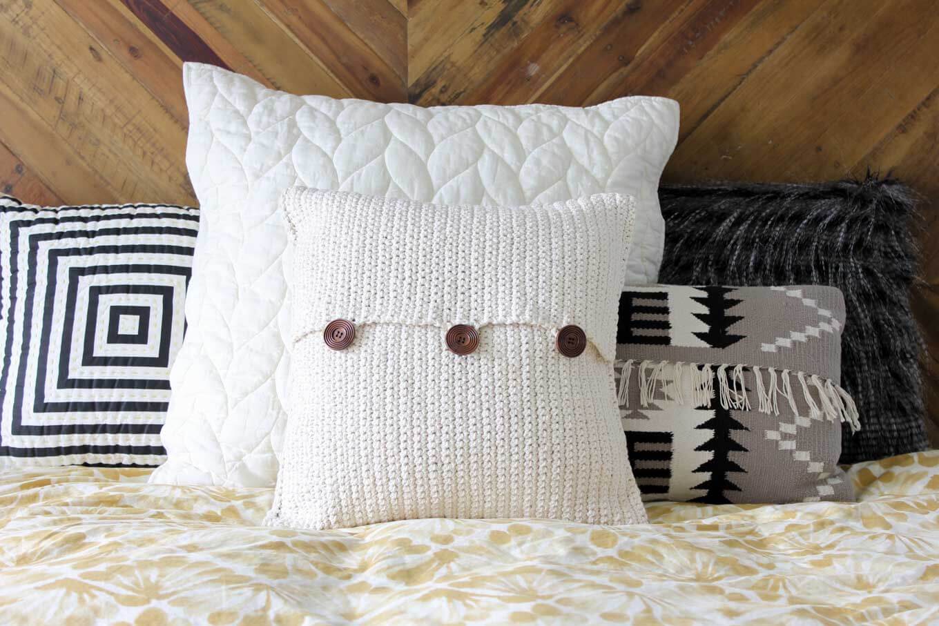 crochet pillow beginner crochet pattern. modern mudcloth pillow with button closures. make  and do megzhsr