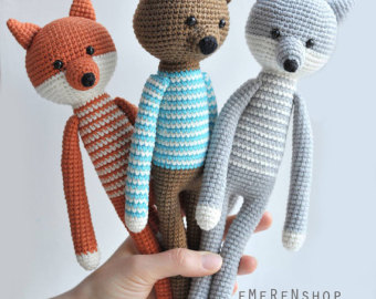 crochet toys woodland animals. cute fox, wolf, bear. stuffed toys. amgurumi animals. wlmvutf