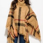 cute cheap camel beige giant checker plaid fuzzy boho knit poncho sweater dctknnv